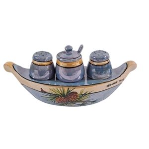 VTG Lusterware Anco Gondola Salt & Pepper Shakers &Condiment W/Spoon Pine Cones